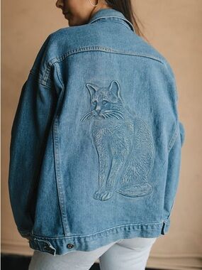 Vintage cat embossed denim jean jacket TYCA